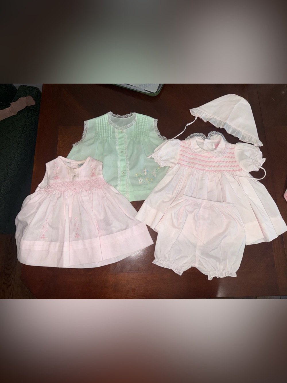 Petit Ami Pink & Mint Baby Dress and Bonnet Set